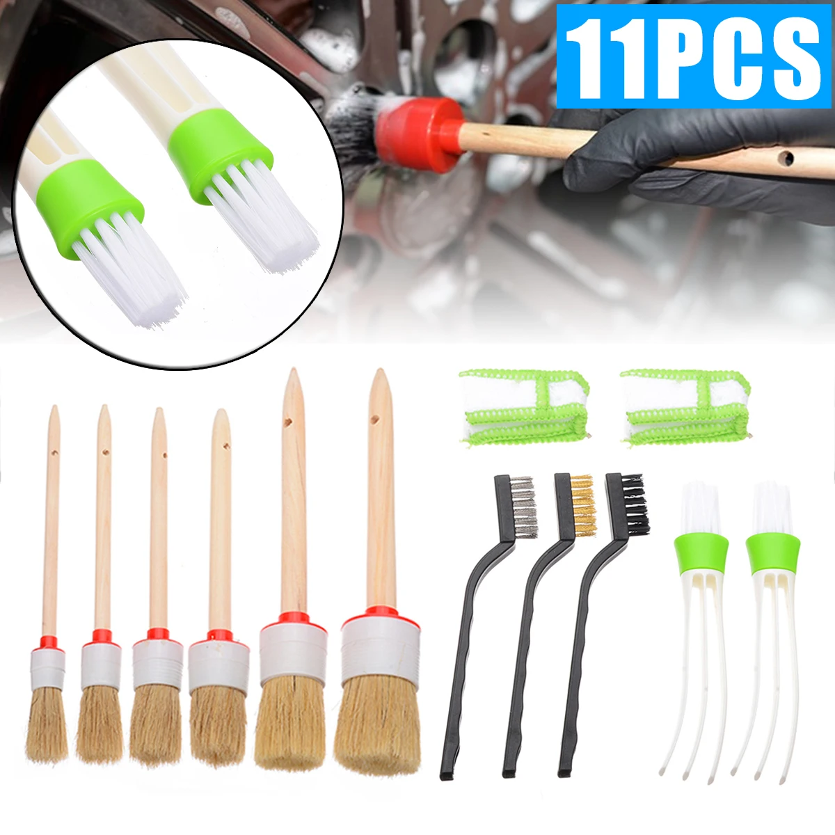 

New Arrival 11pcs/set Car Interior Detailing Brush Kit Natural Boar Hair Cleaning Tool Set fro Car Washing Tools