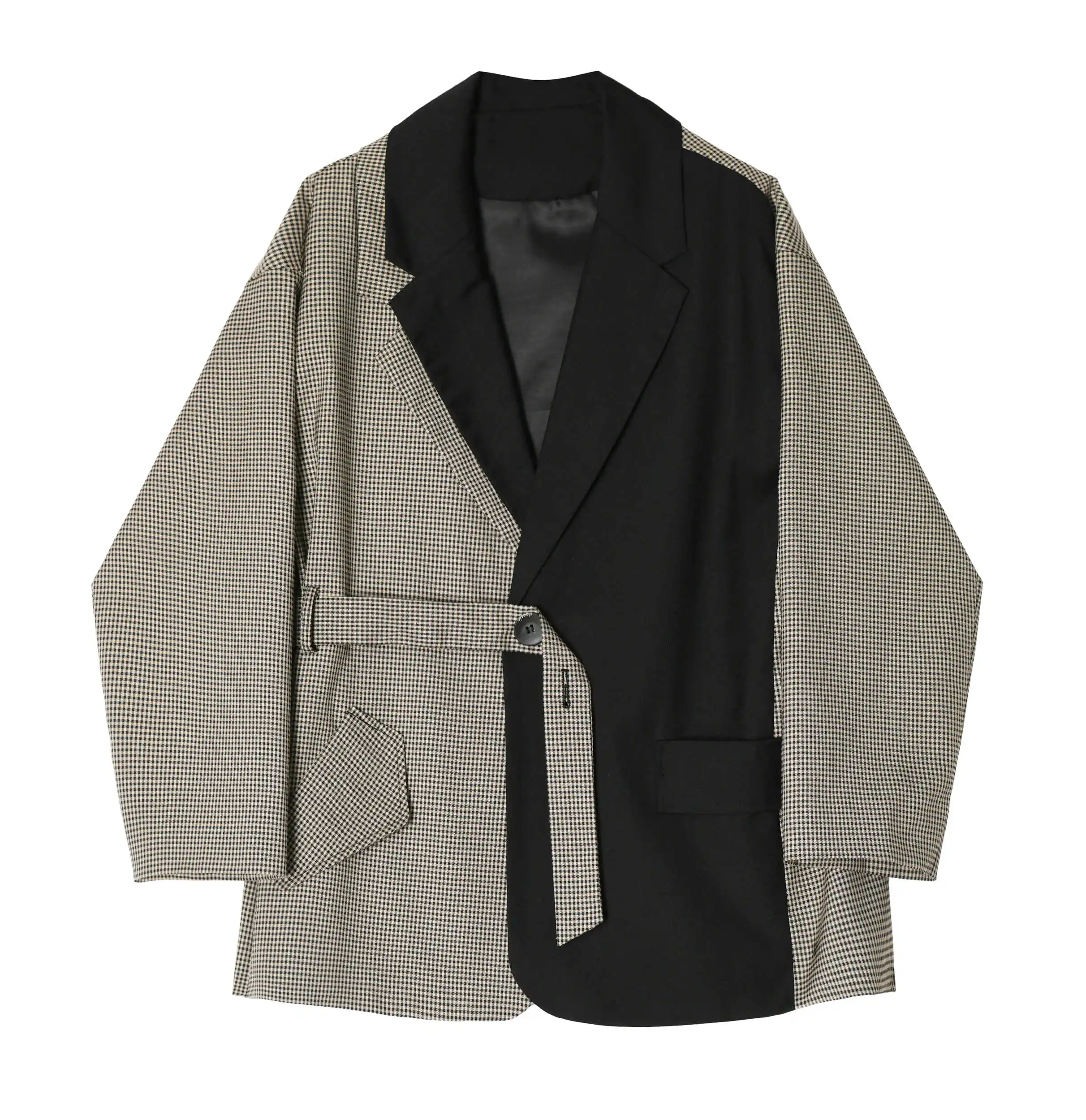 [EAM] женский черный клетчатый бандажный блейзер с разрезом, свободный пиджак с отворотом и длинным рукавом, модный весенний осенний 1B552