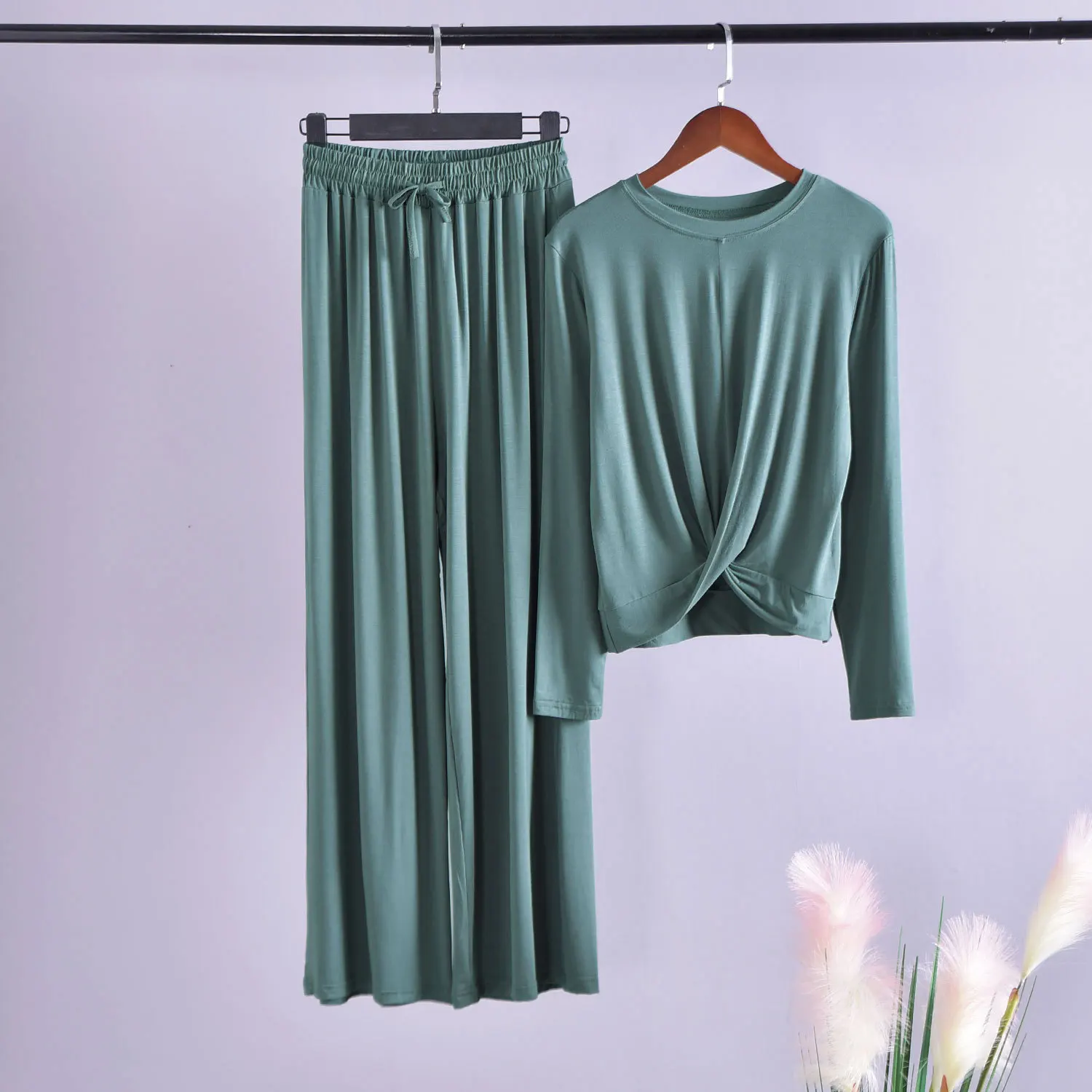 green Новые женские костюмы, женский модальный комплект из двух предметов с круглым вырезом и длинными рукавами, широкие брюки, повседневный костюм, yogaclothing, комплект из 2 предметов - Цвет: green