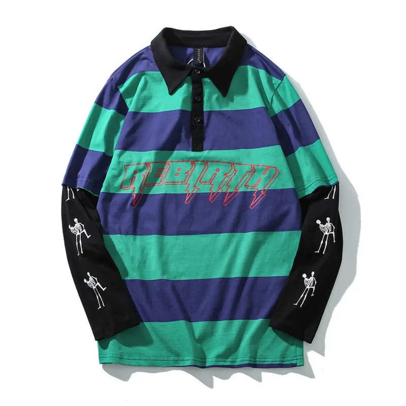 Koop Aolamegs Sweatshirt Mannen Nep 2 Stuks Mannen Turn down Kraag Gestreepte Print Trui College Stijl Harajuku High Street Sweatshirt