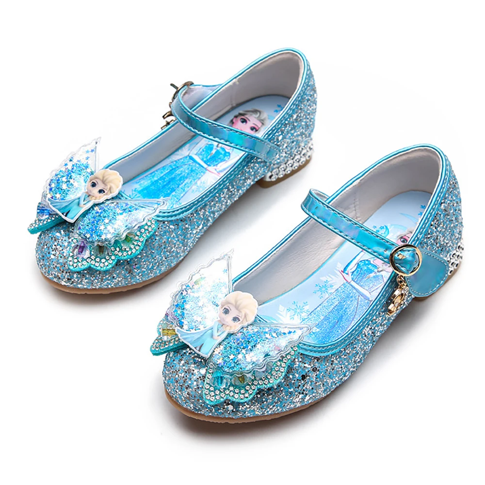 Disney Cartoon Girls Leather Shoes For Children Frozen Princess Elsa Sandals Kids Waterproof Glitter Performance Shoes Dance New