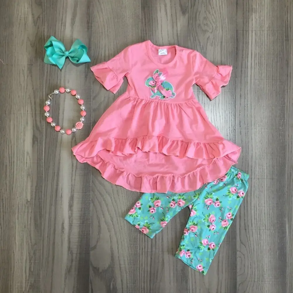 

baby girls Easter outfits girls pink bunny dress with floral capri pant girls cute outfit with accessories