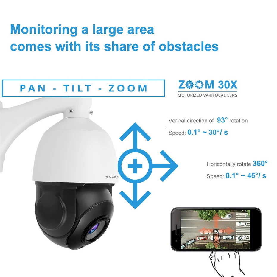 Купольная камера Anpviz 1080P POE PTZ IP ONVIF 30 кратный зум водонепроницаемая скоростная 2 МП