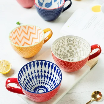 

Cute Mug Ceramic Retro Embossed Personality Breakfast Cup Hand-painted Oatmeal Coffee Mugs Couple Drinking Glass Milk Mugs