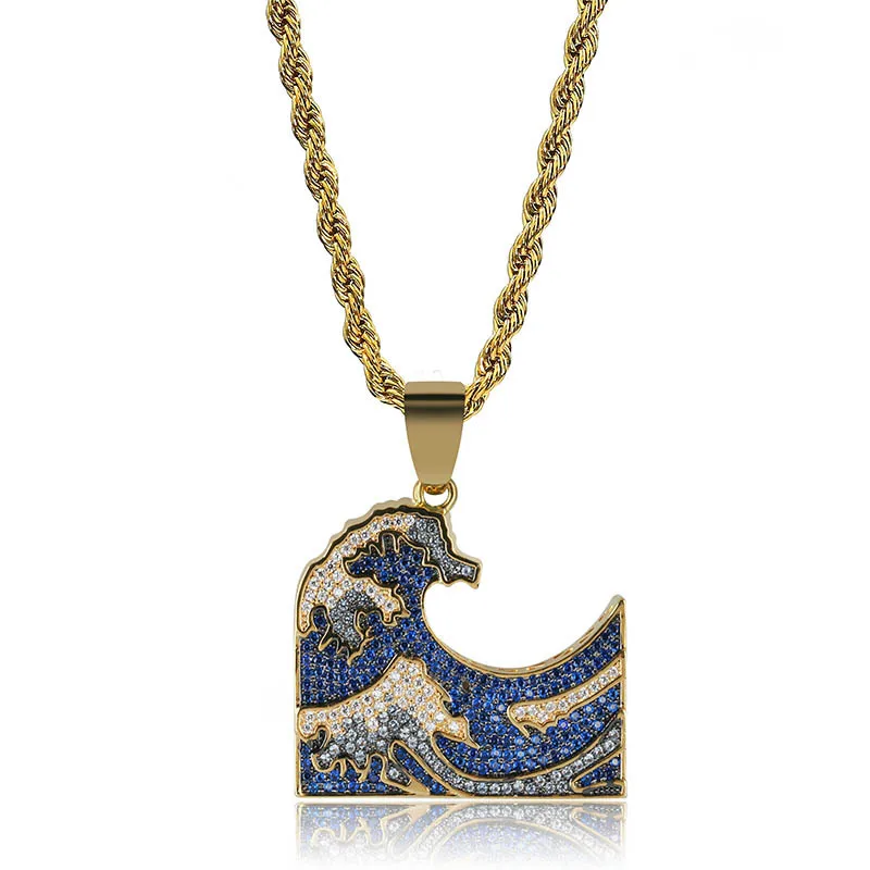 

Cross Border Hot Selling Full Zircon Surfing Color Gemstone Spindrift Pendant The Great Wave off Kanagawa Cool Hip Hop Accessori