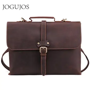 

JOGUJOS Genuine Leather Men Briefcase Crazy Horse Leather Messenger Laptop Bag Business Shoulder Crossbody Bags Fashion Handbag