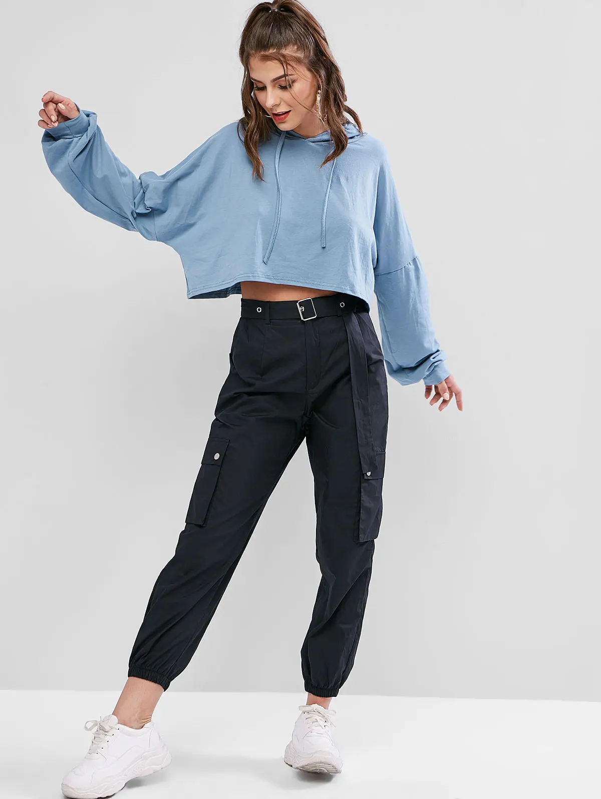 ZAFUL с высокой талией с карманами пояс Jogger брюки сплошной цвет молния Fly застежка Тип Повседневная модная стильная уличная осенняя одежда