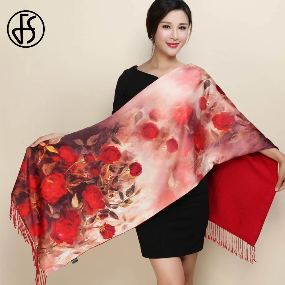 

FS Luxury Brand Printed Silk Scarf Women Flowers Foulard With Tassel Breathable Warm Big Bandana Hijab Head Satin Silk Scarves