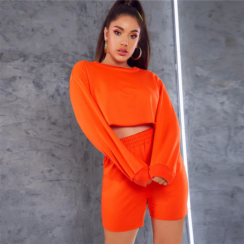 Acquistare Shein Neon Orange Drop Shoulto Spalla E Pantaloncini Da Ciclismo  2 Pezzo Set Donne Autunno Manica Lunga Tempo Libero Tempo Libero Casual Set  Di Due Pezzi Economico | Consegna Veloce E