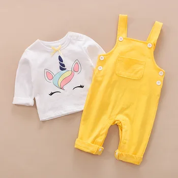 

Little Baby Cute Unicorn 2pcs outfit Children's Girl toddler unicorn long sleeve top+suspender trousers Kid boutique set ST19085