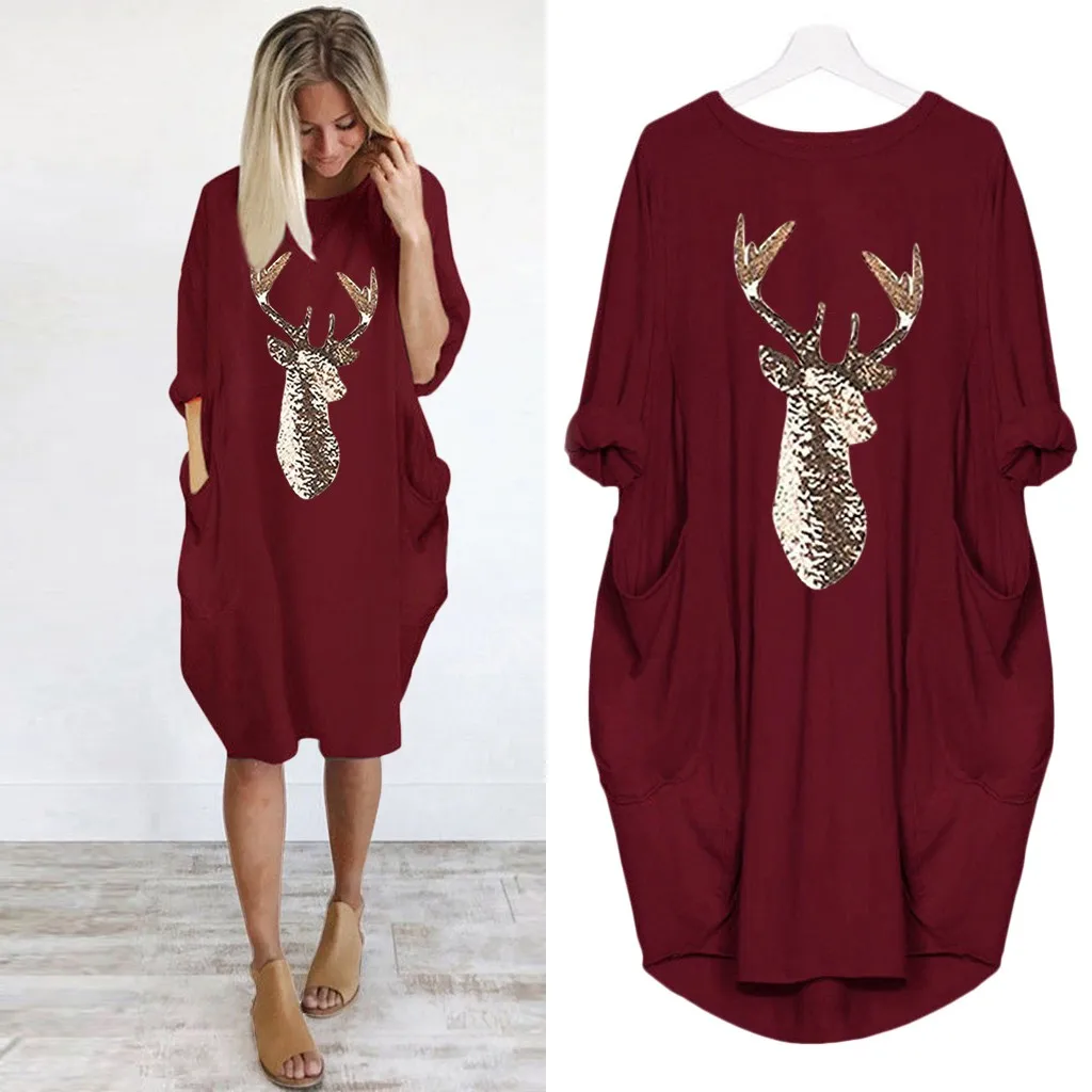 O Neck Long Pocket Christmas Dress