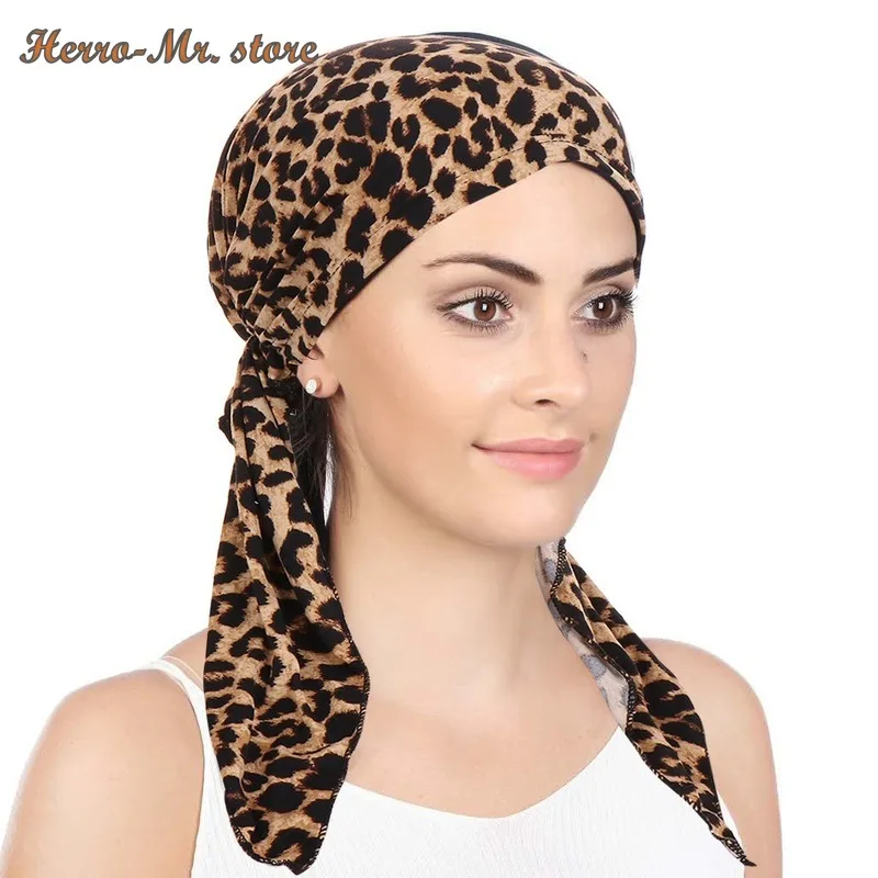 

New Lady's Curved Two Tail Caps Muslim Baotou Cap Flower Fabric Hem Cap Leopard Cap Turban Hat Headdress pompom hat