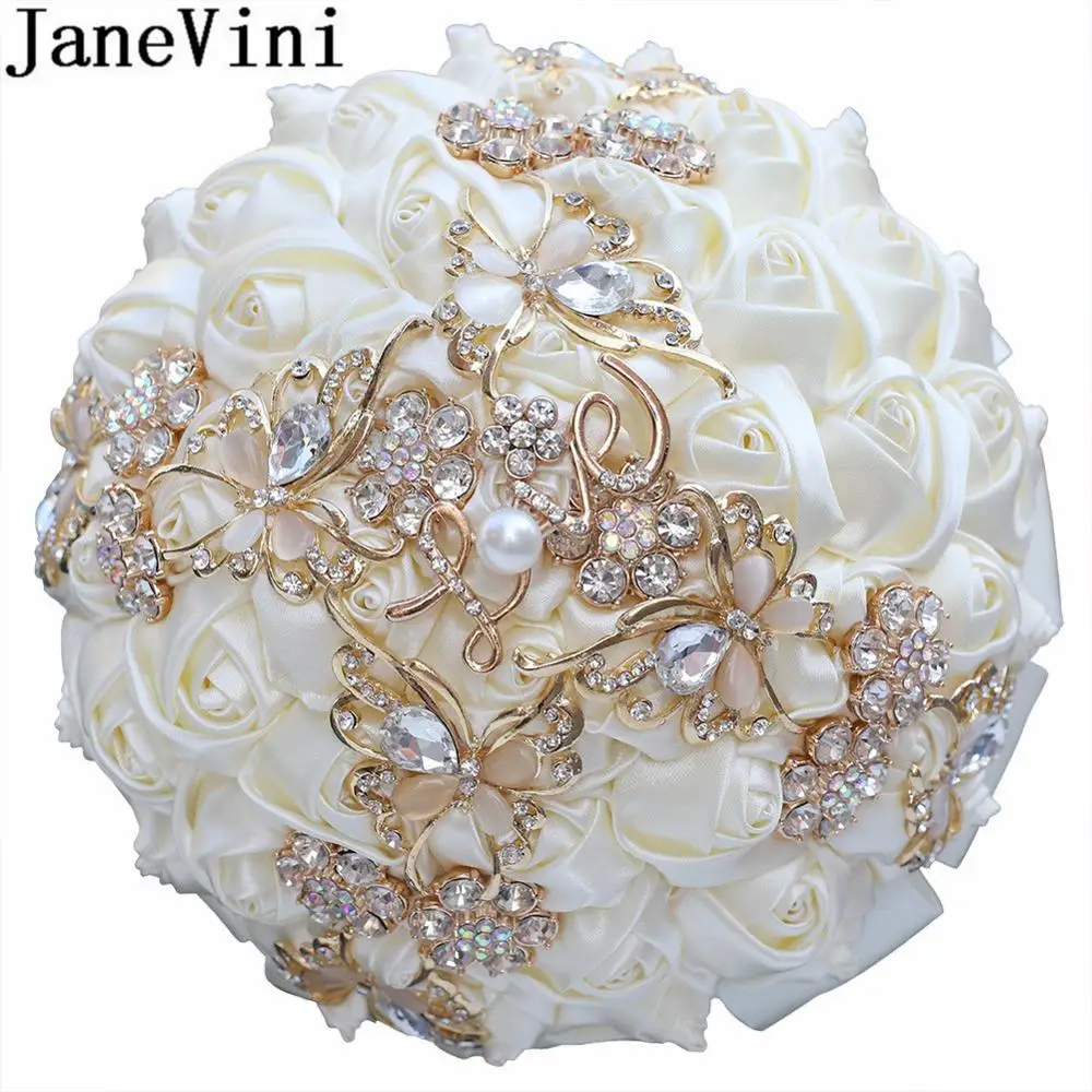 

JaneVini Luxury Ivory Wedding Bouquet Crystal Bridal Bouquet Beaded Butterfly Decoration Mariage Gold Rhinestone Bride Flowers