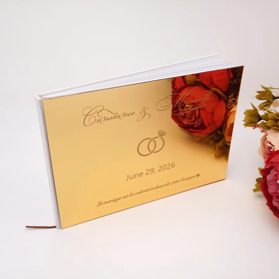 Horizontal check in message book Personalized acrylic mirror diamond double rings design cover Wedding signature guestbook