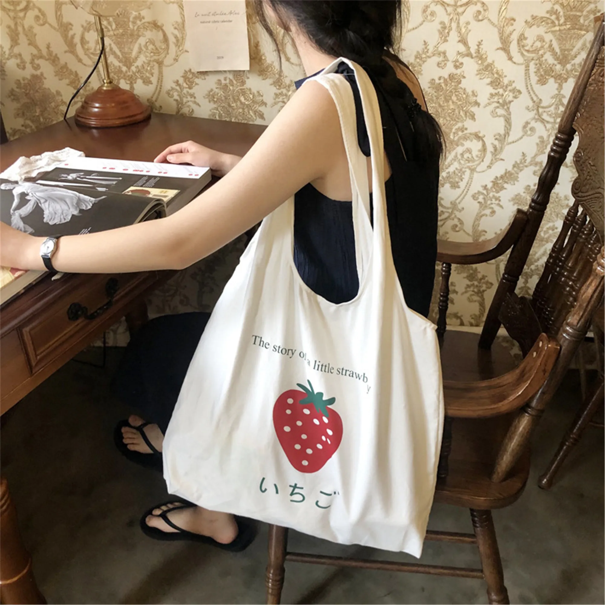 

YILE Open Cotton Canvas Eco Shopping Tote Shoulder Bag Print Strawberry Story B27