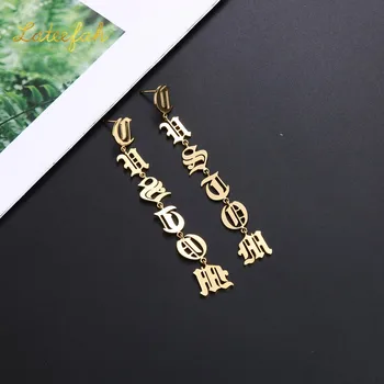 

Lateefah Personalize Customied Name Old English Dangle Stud Long Drop Classical Letter Gold Earrings Jewelry Women Gift