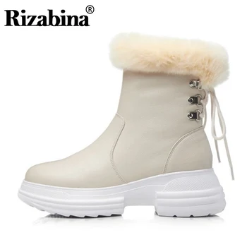 

RIZABINA Genuine Leather Ankle Boots For Women Solid Color Round Toe Winter Warm Shoes Cross Strap Women Footwear Size 34-39