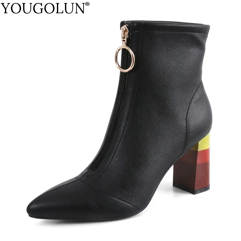 

Cow Leather Ankle Boots Women Autumn Winter Lady Rainbow High Thick Heels A356 Woman Pointed Toe Metal Zipper Black White Shoes