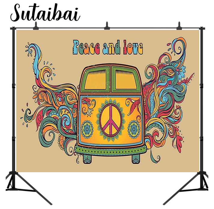 

Hippie Bus Party Backdrop Peace and Love Groovy 60s 70s Photography Background Graffiti Birthday Wedding Mini Van Backdrop