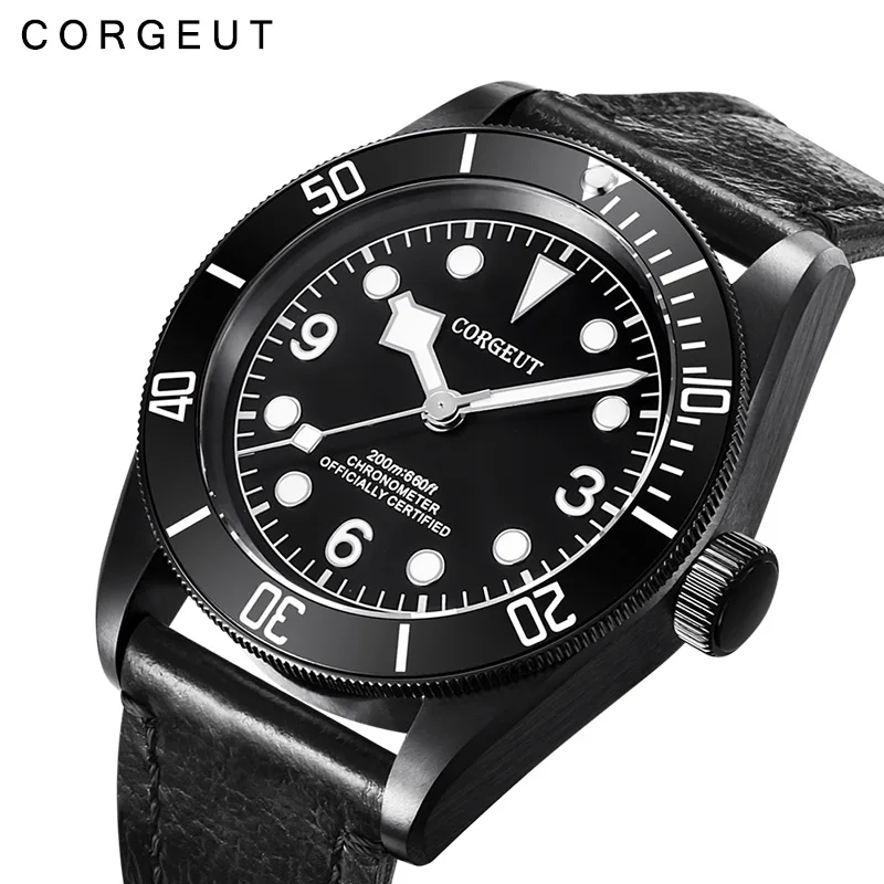 Corgeut Luxury Top Brand Men Automatic Mechanical Watch sapphire glass PVD Case Military Sport Swim Clock Leather Wrist Watches