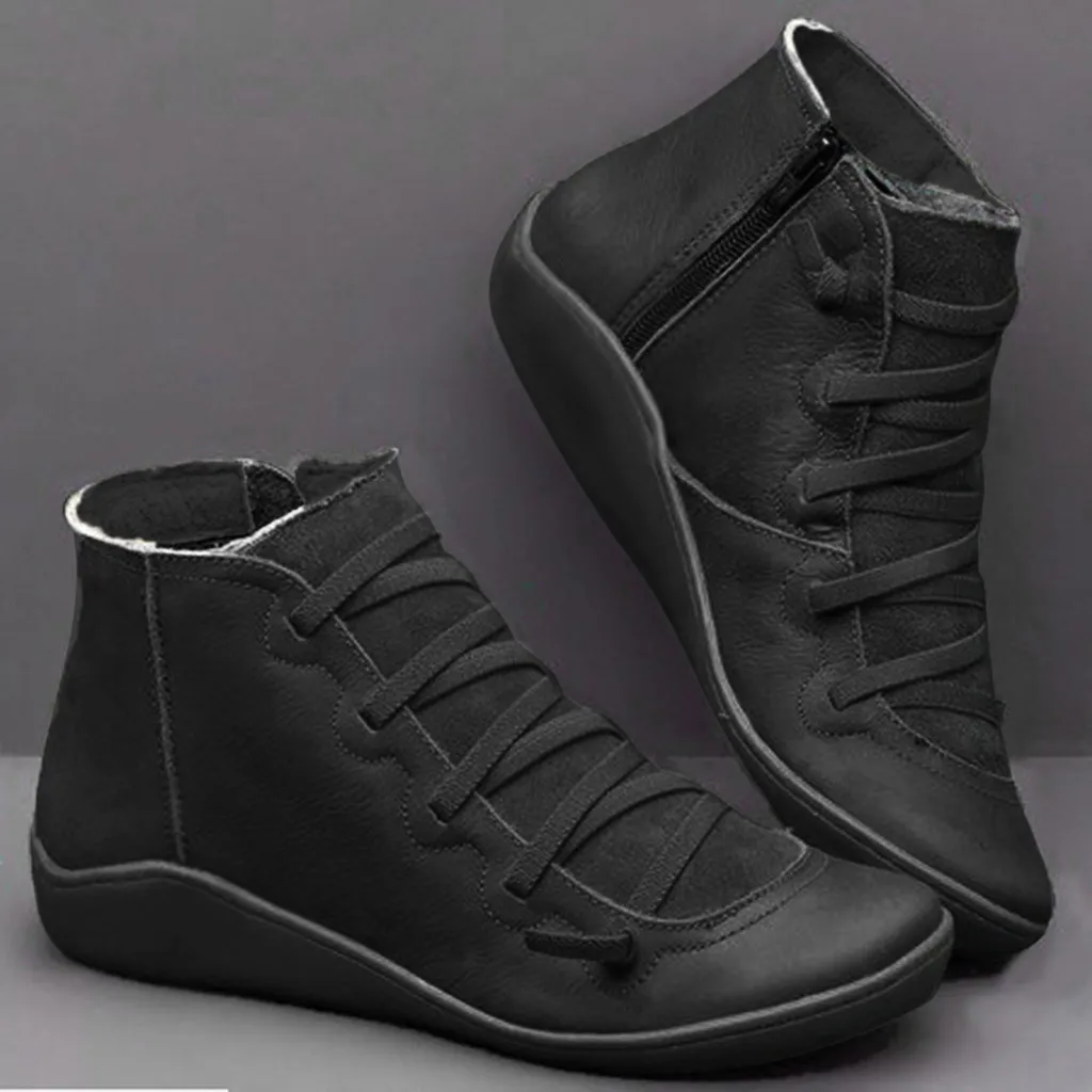 shoes women winter boots new fashion Women's Casual solid Flat Leather Retro Lace-up Boots Side Zipper Round Toe Shoe Boots