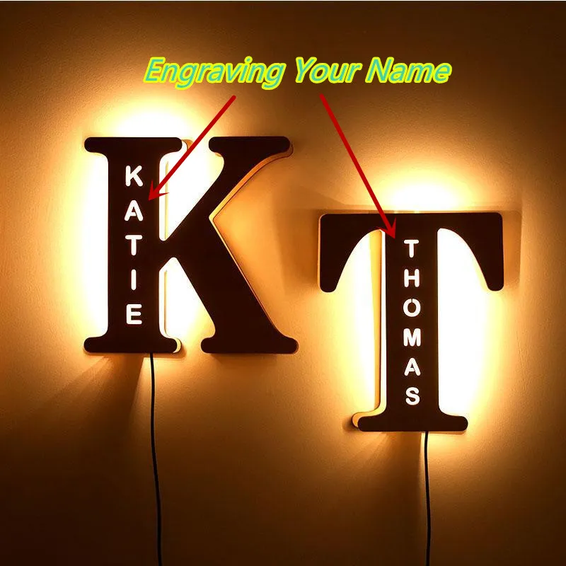 Personalized Wall Decor LED Night Light 24 Letter With Name Sign Light for Couples Baby Room Bedroom Custom Wooden Lamp Engraved