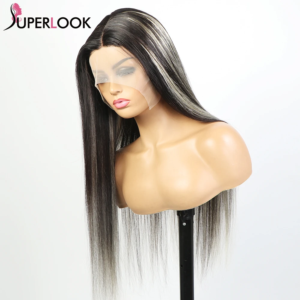 Dianteira do Laço Colorido em Linha Perucas de Cabelo Loira Cinza Destaque Peruca Metade Preto 613 Reta Humano Pré Arrancado Ombre t Parte Laço Transparente 4 perucas de cabelo humano pré arrancado ombre t parte laço transparente