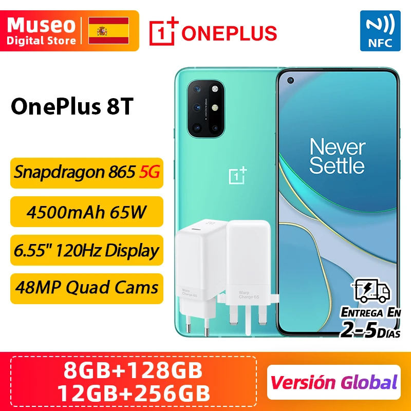 OnePlus 8T KB2003, Versión global, 128GB/256GB ROM, Snapdragon 865 móvil, 6.55 120Hz Pantalla fluida, 48MP Cámaras cuádruples 65W Carga NFC