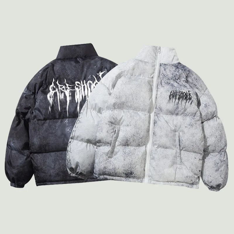 

High Street Hip Hop Padded Parkas Mens Harajuku Tie Dye Letter Printed Coats Winter Cotton Oversized Loose Down Jackets Unisex