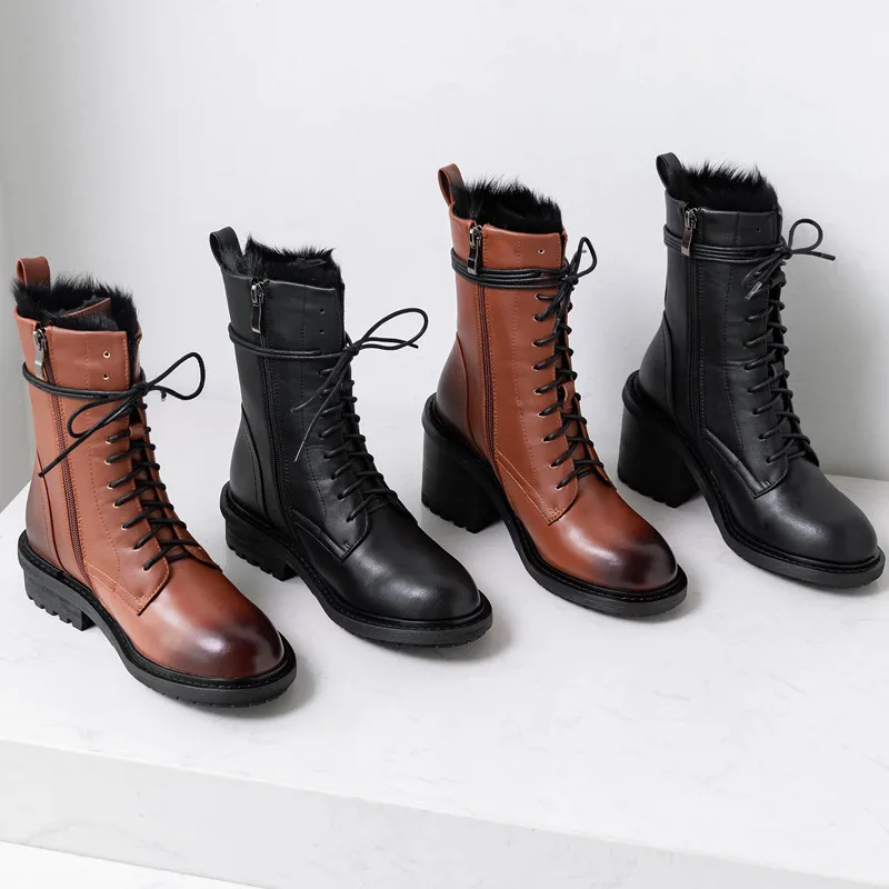 ASUMER Newest hot genuine leather ankle boots women thick fur high heels shoes woman lace up zip vintage winter boots woman