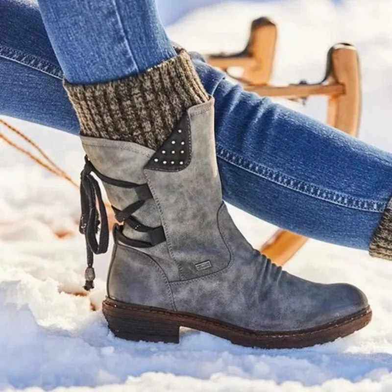 

Winter Snow Boots Women Zipper Fashion PU Leather Mid-Calf Boots With Back Lace-up Design Boots Solid Low Heel Shoes Botas Mujer