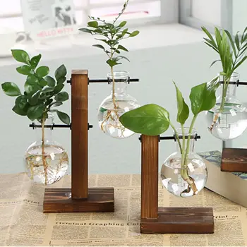 

Hydroponic Plant Vases Flower Pot Transparent Vase Wooden Frame Glass Tabletop Plants DIY Home Office Wedding Bonsai Decoration