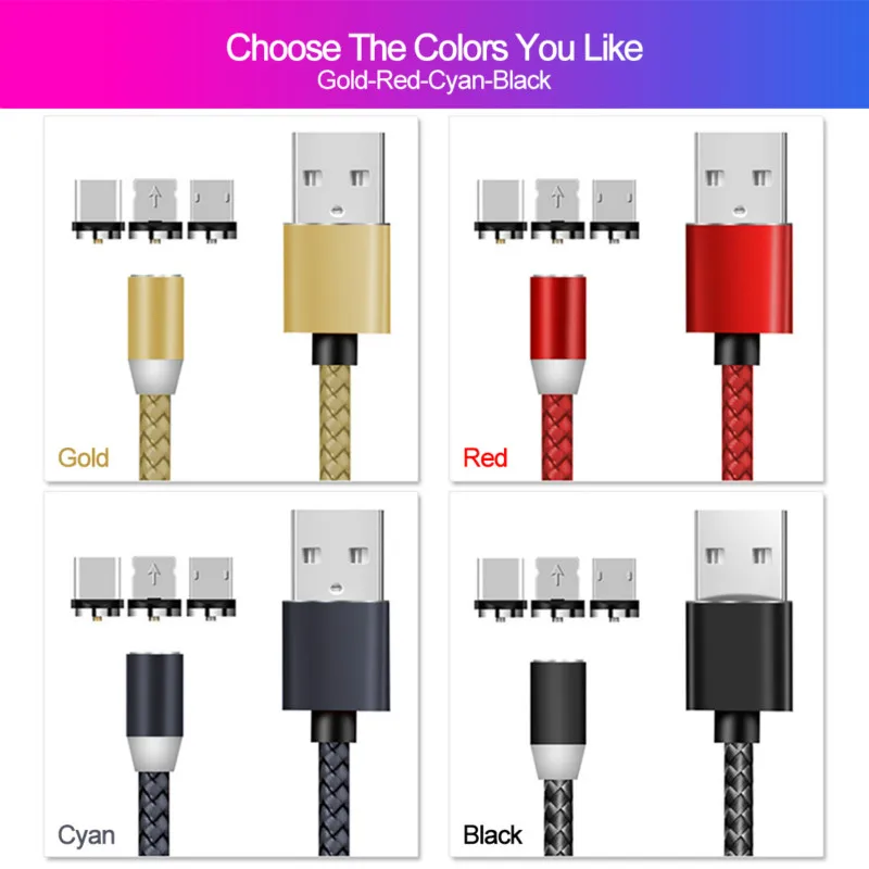 Магнитный светодиодный USB кабель PHOMAX 3 в 1 для iPhone X Xs 6 и Type C Micro нейлоновой оплетке