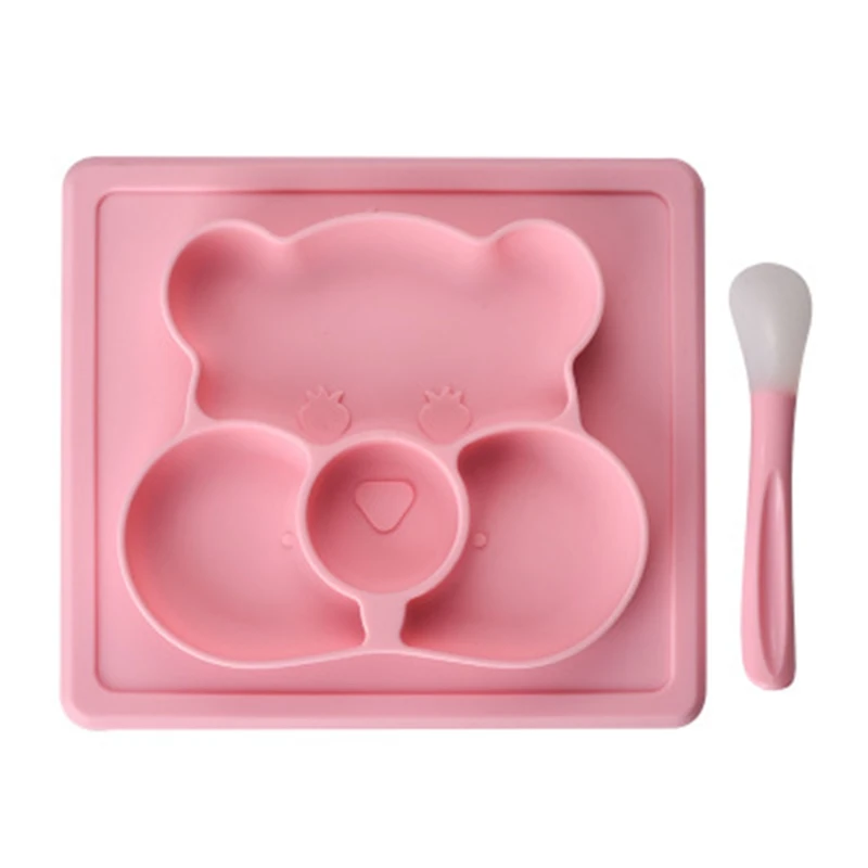 Pink Детский Силиконовый поднос BPA свободная форма медведя из мультфильма детская посуда для ужина всасывание детская обучающая посуда с ложкой миска для кормления детей - Цвет: Pink
