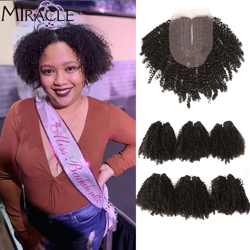 Pacotes de Cabelo com Fechamento Cabeça do Laço Pacotes de Cabelo Pçs para Balck Miracle Ombre Cabelo Sintético Curto Onda Afro Kinky Encaracolado 7 Feminino