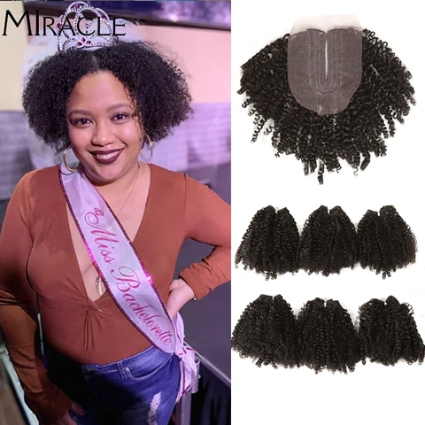 Pacotes de Cabelo com Fechamento Cabeça do Laço Pacotes de Cabelo Pçs para Balck Miracle Ombre Cabelo Sintético Curto Onda Afro Kinky Encaracolado 7 Feminino