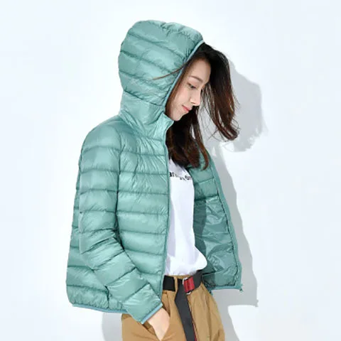 Winter Women Ultralight Thin Down Jacket White Duck Hooded Jackets Long Sleeve Warm Coat Parka Female Portable Outwear | Женская одежда