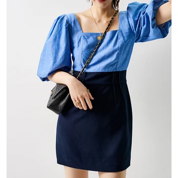 

Women Dress 2020 Spring and Summer New Temperament Lady Square Collar Lantern Sleeve Color Matching Dress Women