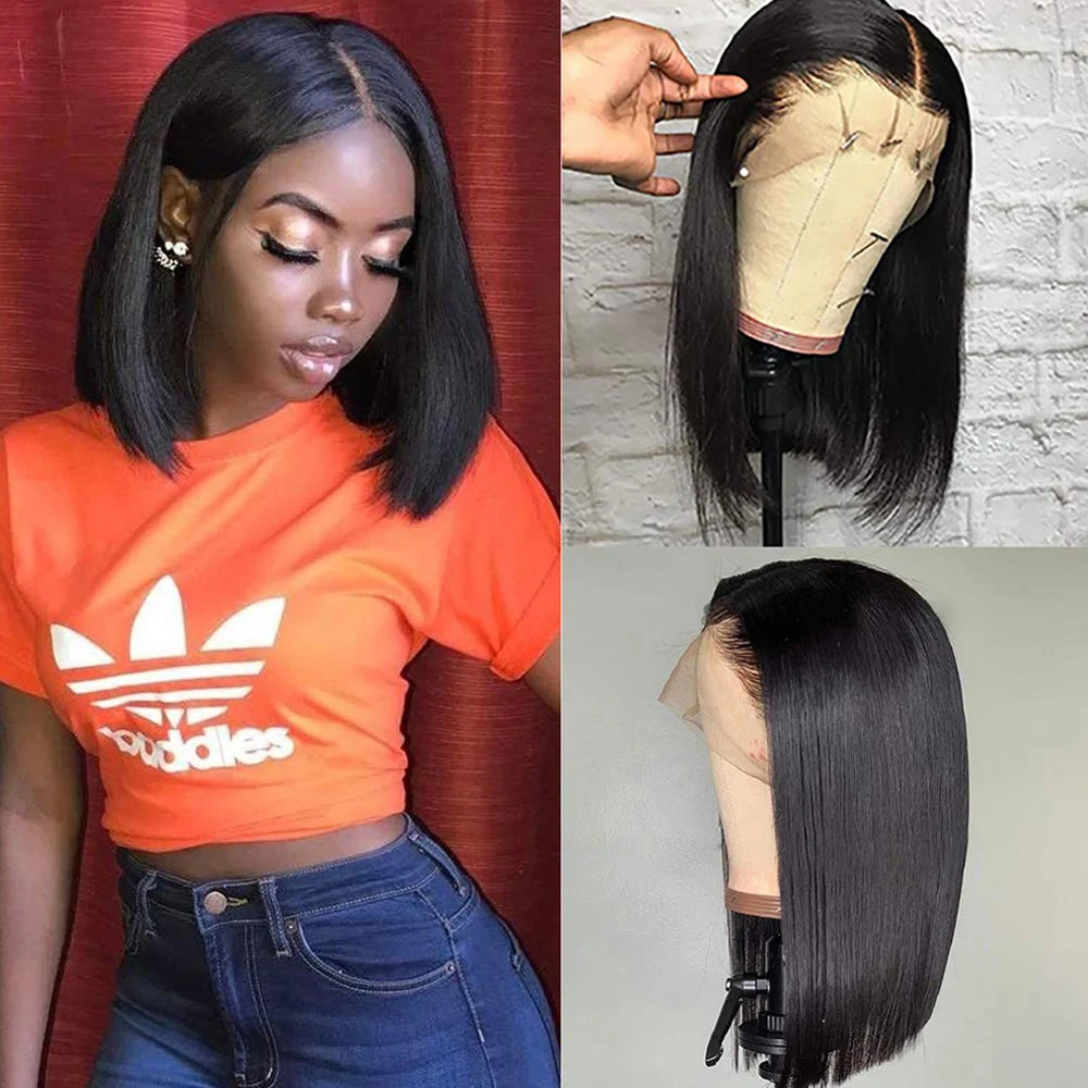 

Short Bob 13*4 Lace Front Wig Middle Part Natural Hairline Black Heat Resistant Fiber Hair Wig For Black Women With Baby Hair