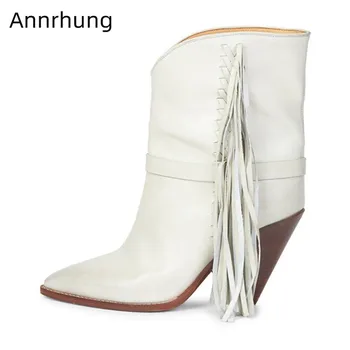 

Fringe Short Botas Mujer White Autumn Boots Women Retro Pointed Toe Spike Heel Slip On Western Booties Side Tassel Ankle Boots
