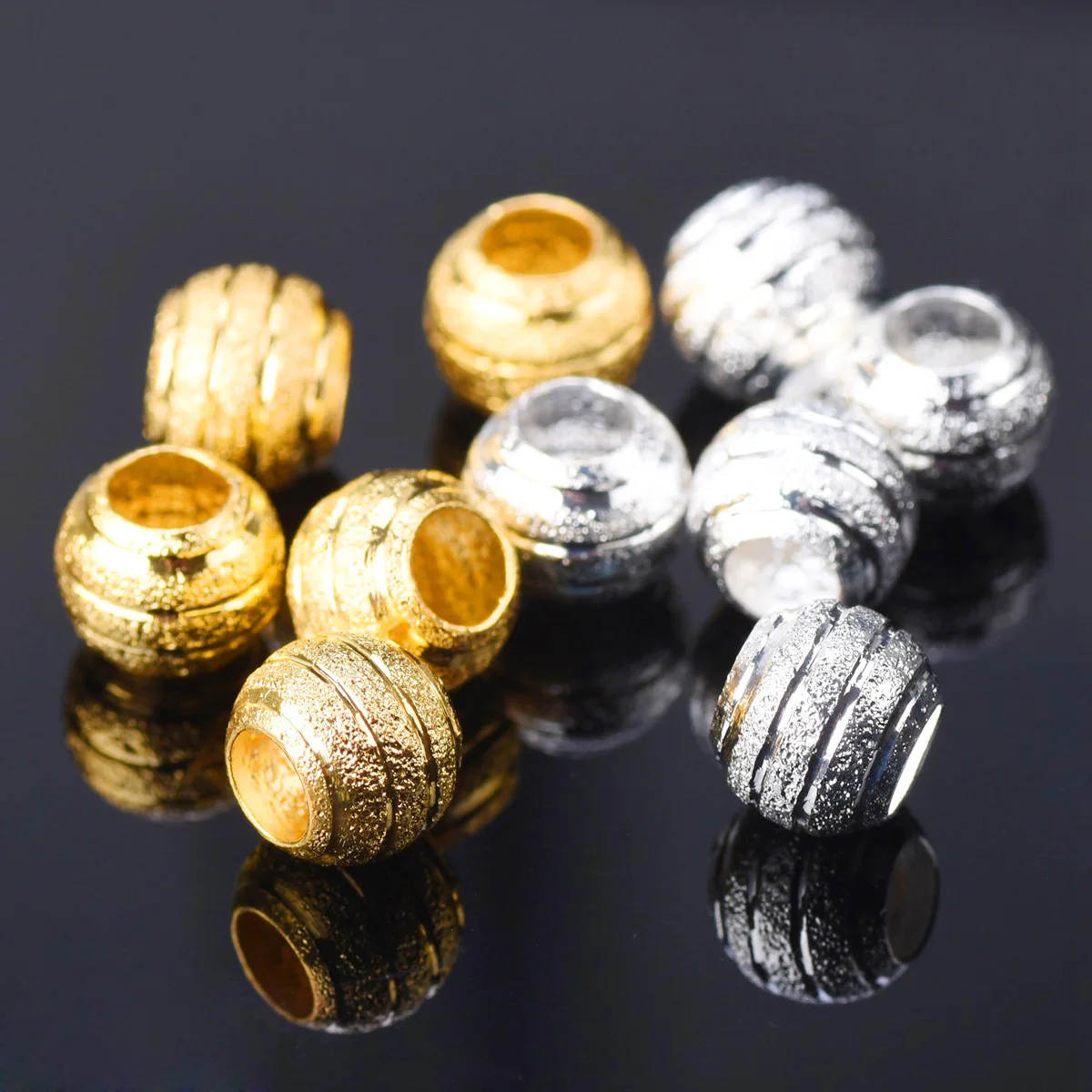 

Plated Gold Color Silver Color Round 8mm 10mm Hollow Matte Metal Brass Stripe Carved Big Hole Loose Beads For Jewelry Making DIY