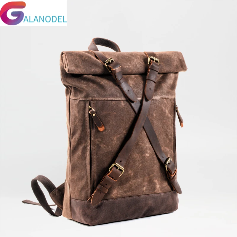 

Backpacks Unisex Hard Oil Waxed Canvas Leather Criss-Cross Waterproof Backpack Men for Travel 15" Laptop Back Packs