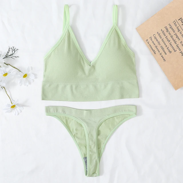 Women Bra And Panties Set Sports Bra Set Sexy G-String Seamless Bra Thong Sexy Lingerie Set Fitness Crop Top Underwear Intimates Brazilian lightgreen