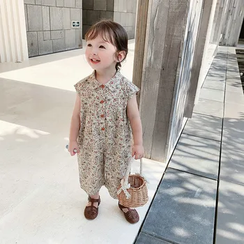 2023 여름 여아 점프수트, 한국 버전 코튼 베이비 롱 롬퍼, 중간 및 작은 어린이 캐주얼 민소매 의류