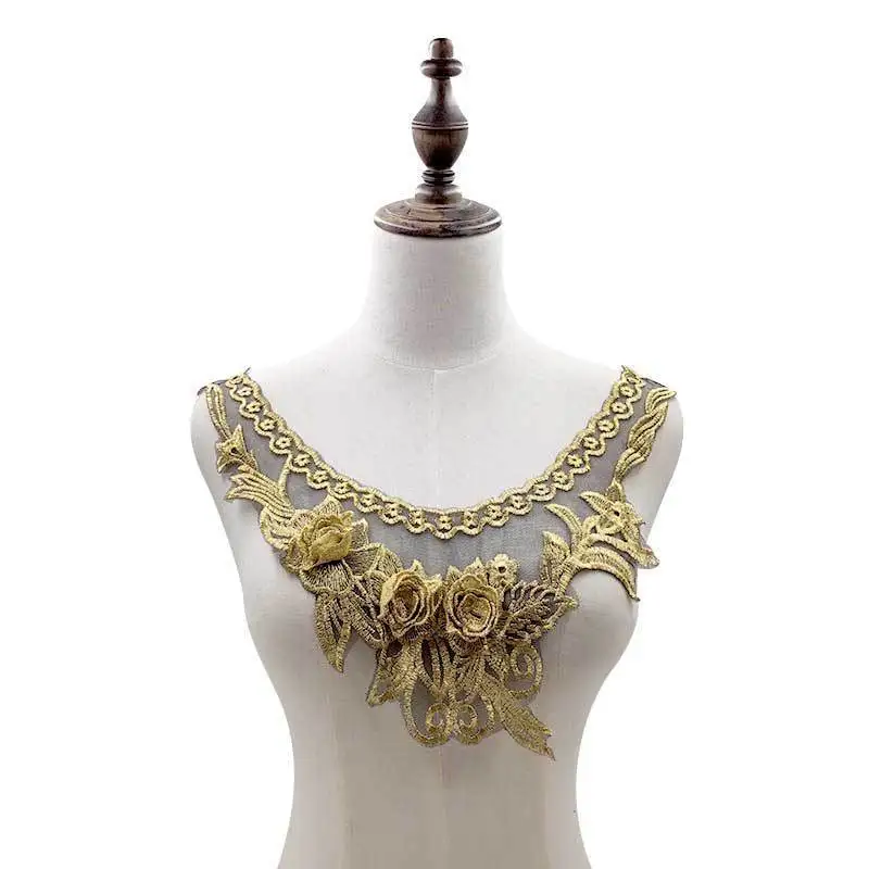 

Beautiful Gold Sequin Dress Lace Applique 3D Roses Floral Venise Fabirc Embroidery DIY Collar Neckline Trim Sewing Supplies