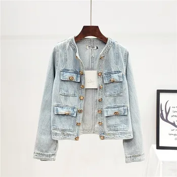 

2019 Autumn New Women's Fashion Round Neck Long Sleeve Old Wash Denim Jacket Women Metal Buckle Short Light Blue Denim Coat