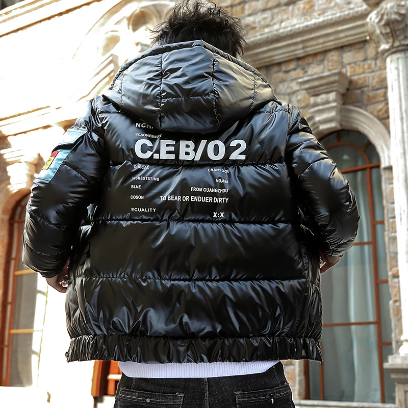 Men Parkas Cotton-padded Clothes Winter Thick Warm Bright Leather Jacket Korean Y2K Streetwear Fashion Harajuku Casual Coat