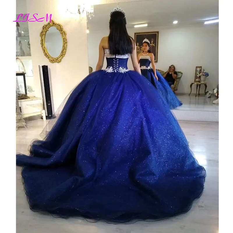 Glitter Sequins Royal Blue Ball Gown Quinceanera Dress Lace Appliques Puffy Girls 15 Years Birthday Dresses Sweet 16 Party Gowns