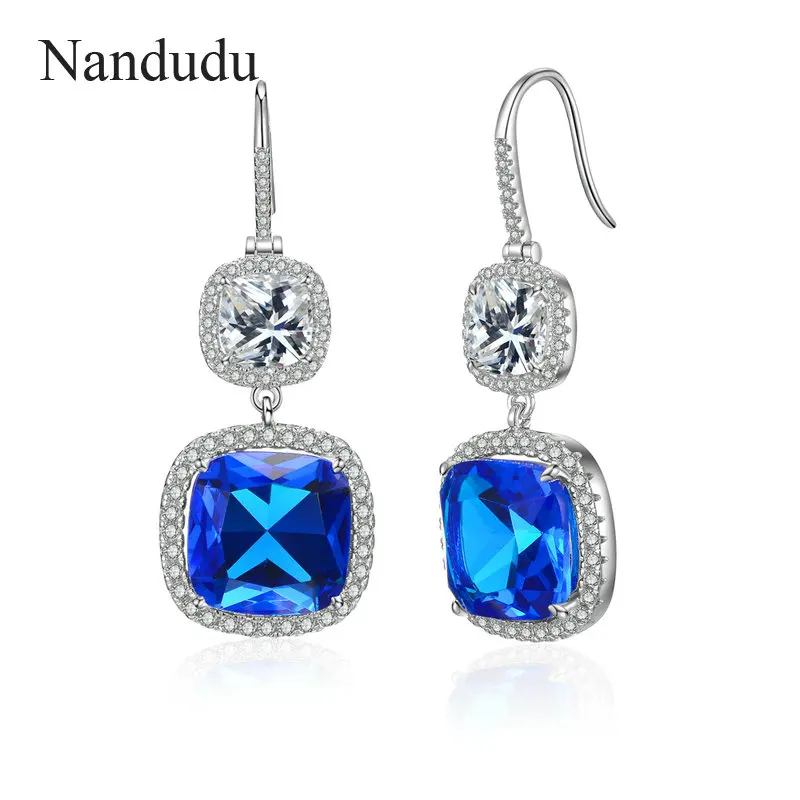 

Nandudu High Level Square Blue Zircon Dangle Earrings Brincos AAA Crystal Drop Earrings for Women Brincos Pendientes CE607