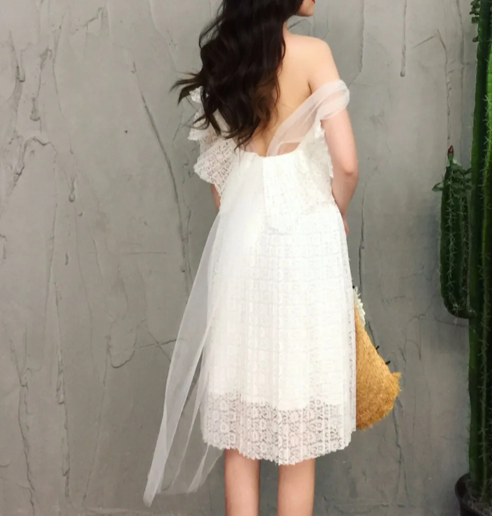 

Party Beach Lace Mesh Laminated Dress Vintage Backless Sleeveless pleated White Dresses Vestidos Ladies Fashion